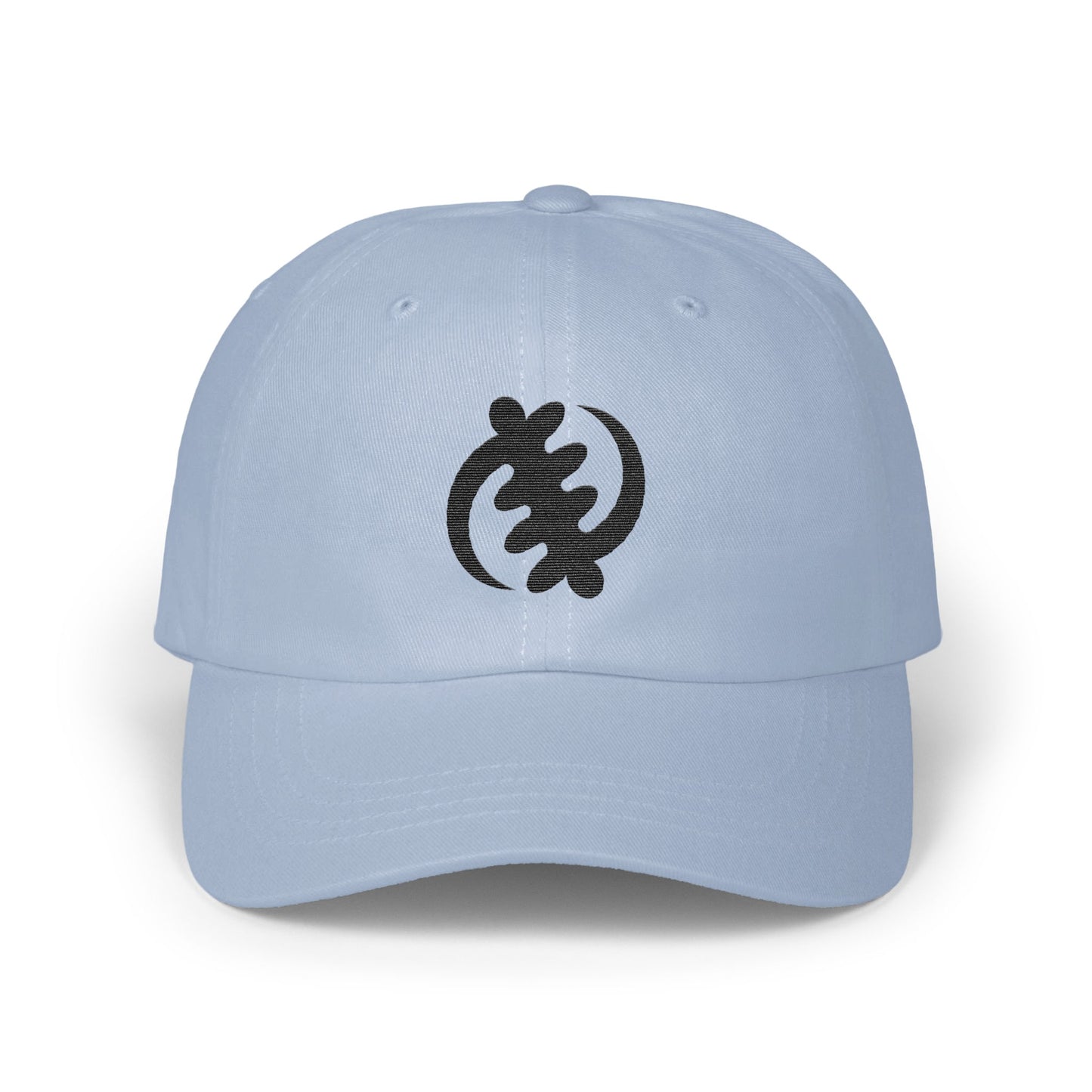 Light blue baseball cap with black Gye Nyame Adinkra symbol logo.