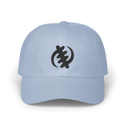 Light blue baseball cap with black Gye Nyame Adinkra symbol logo.