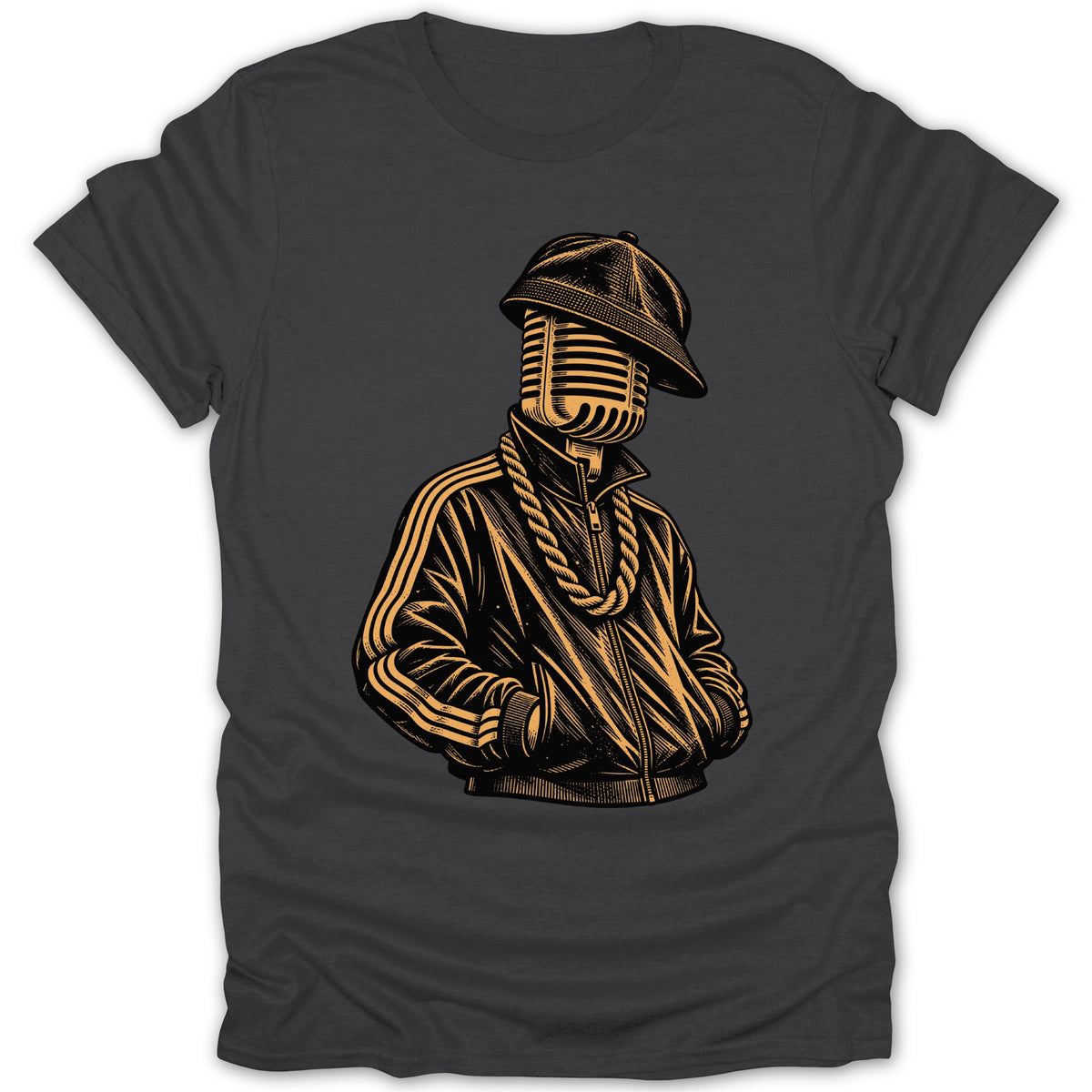 T-shirt with illustration of a microphone wearing a hat and chain.