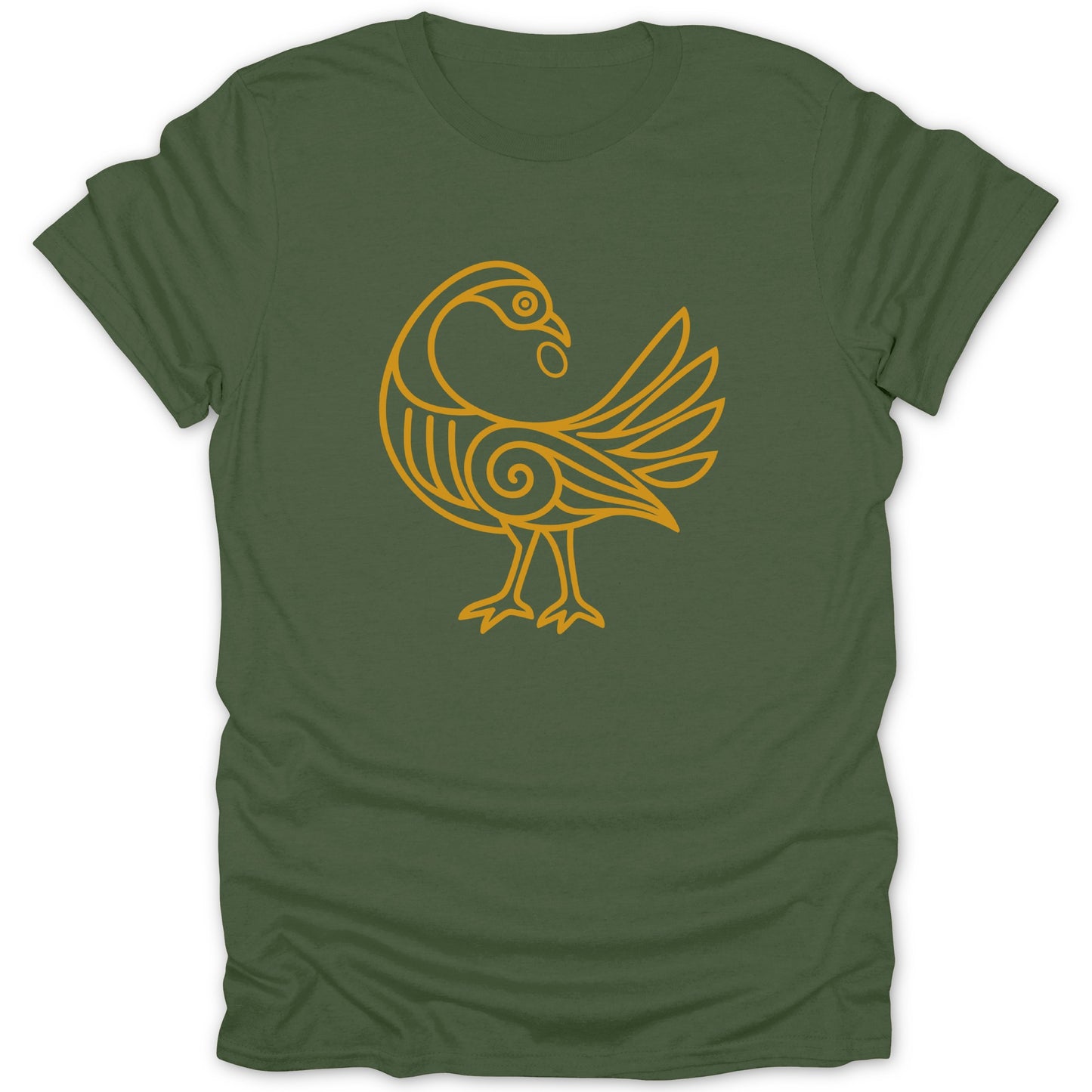 Green t-shirt with an orange outline of a stylized bird with spiral designs.