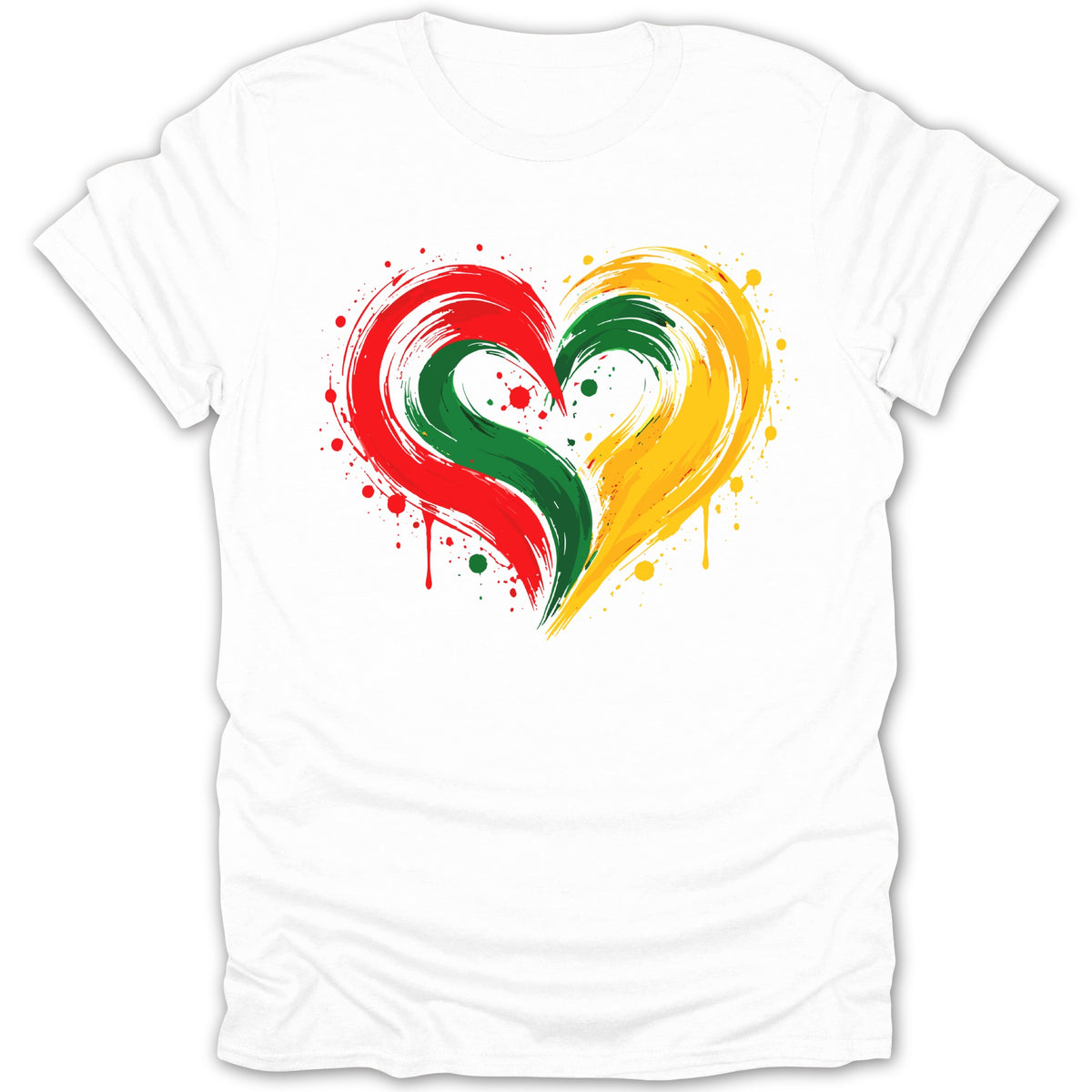 White t-shirt with a stylized heart graphic in red, green, and yellow paint strokes.