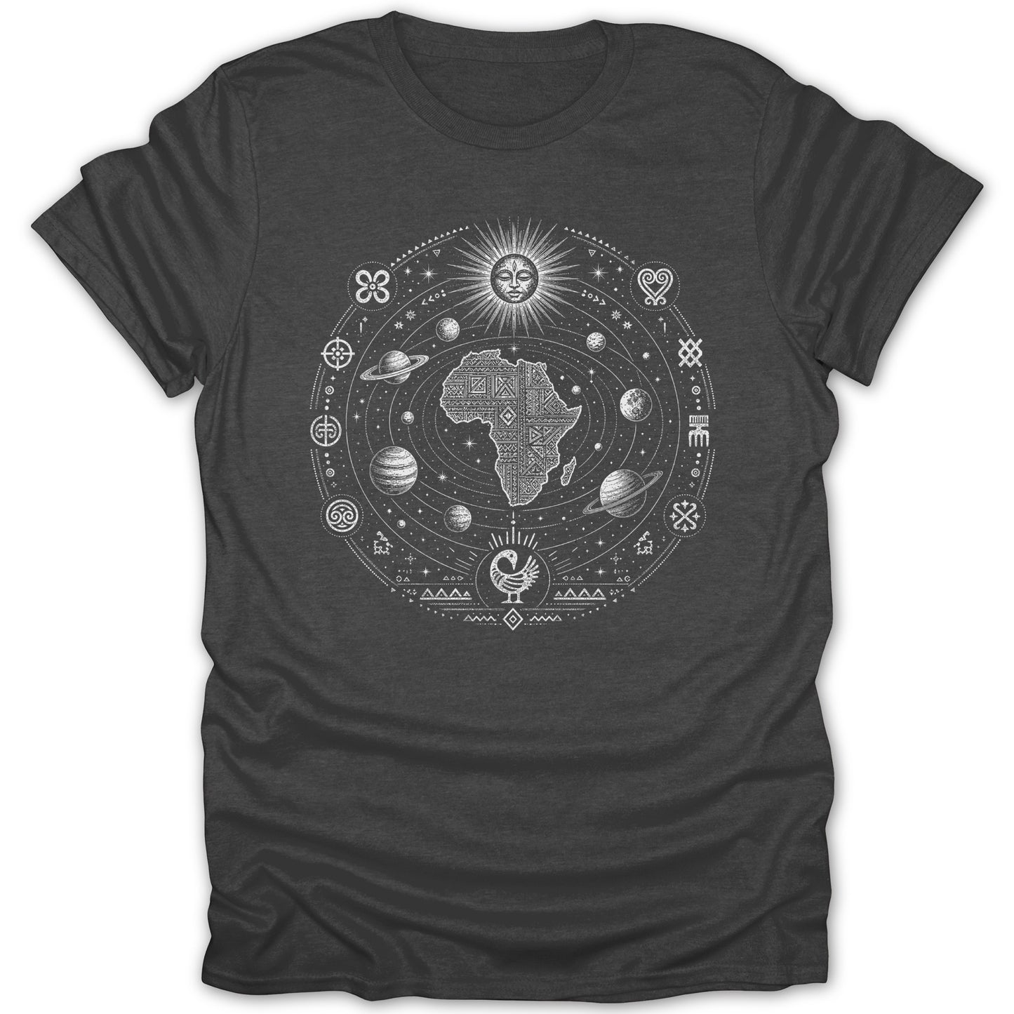 Dark t-shirt with a white circular design of Africa, planets, sun, and Adinkra symbols.