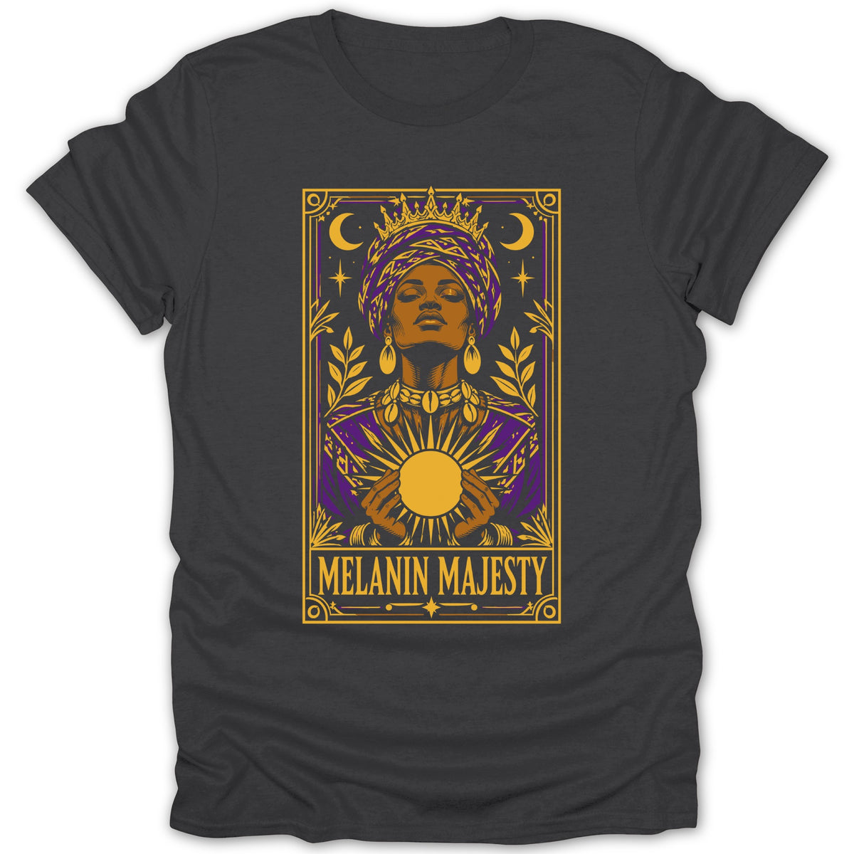 Melanin Majesty graphic on a dark grey t-shirt featuring a woman with a crown and sun.