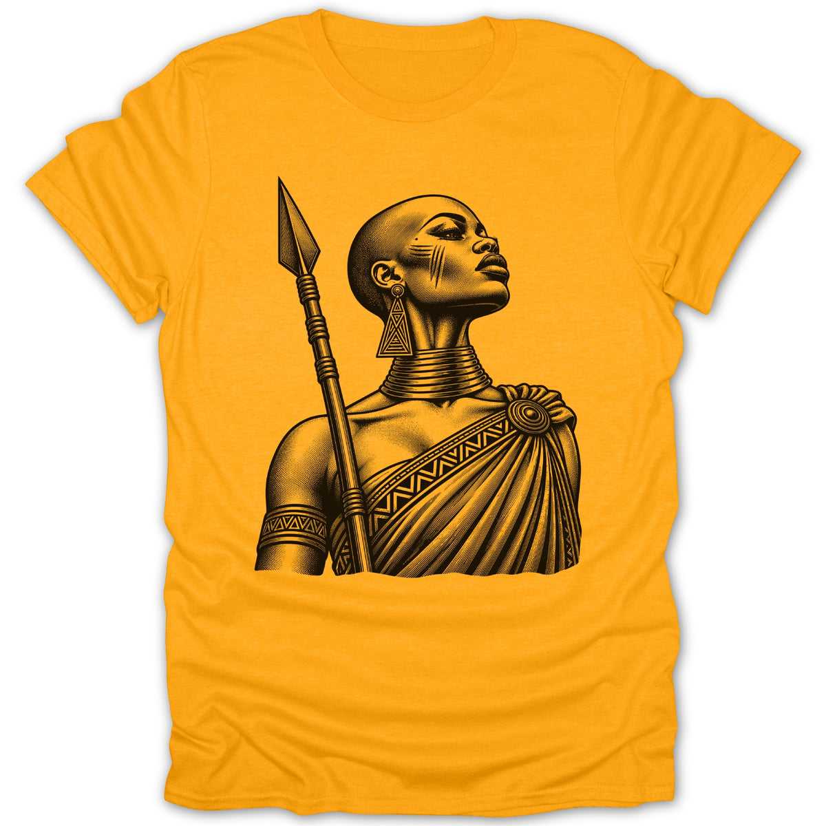 Illustration of a bald woman holding a spear, wearing tribal jewelry and clothing.