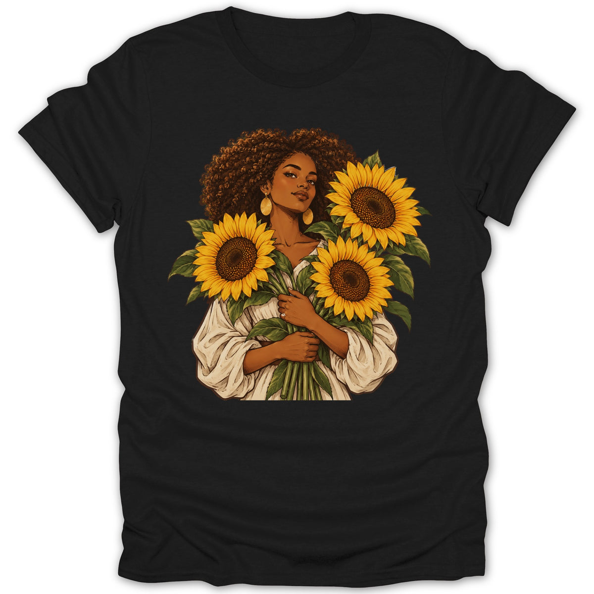 Illustration of a Black woman with an afro holding a bouquet of sunflowers.