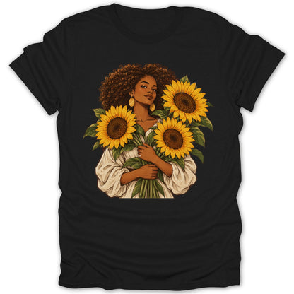 Illustration of a Black woman with an afro holding a bouquet of sunflowers.