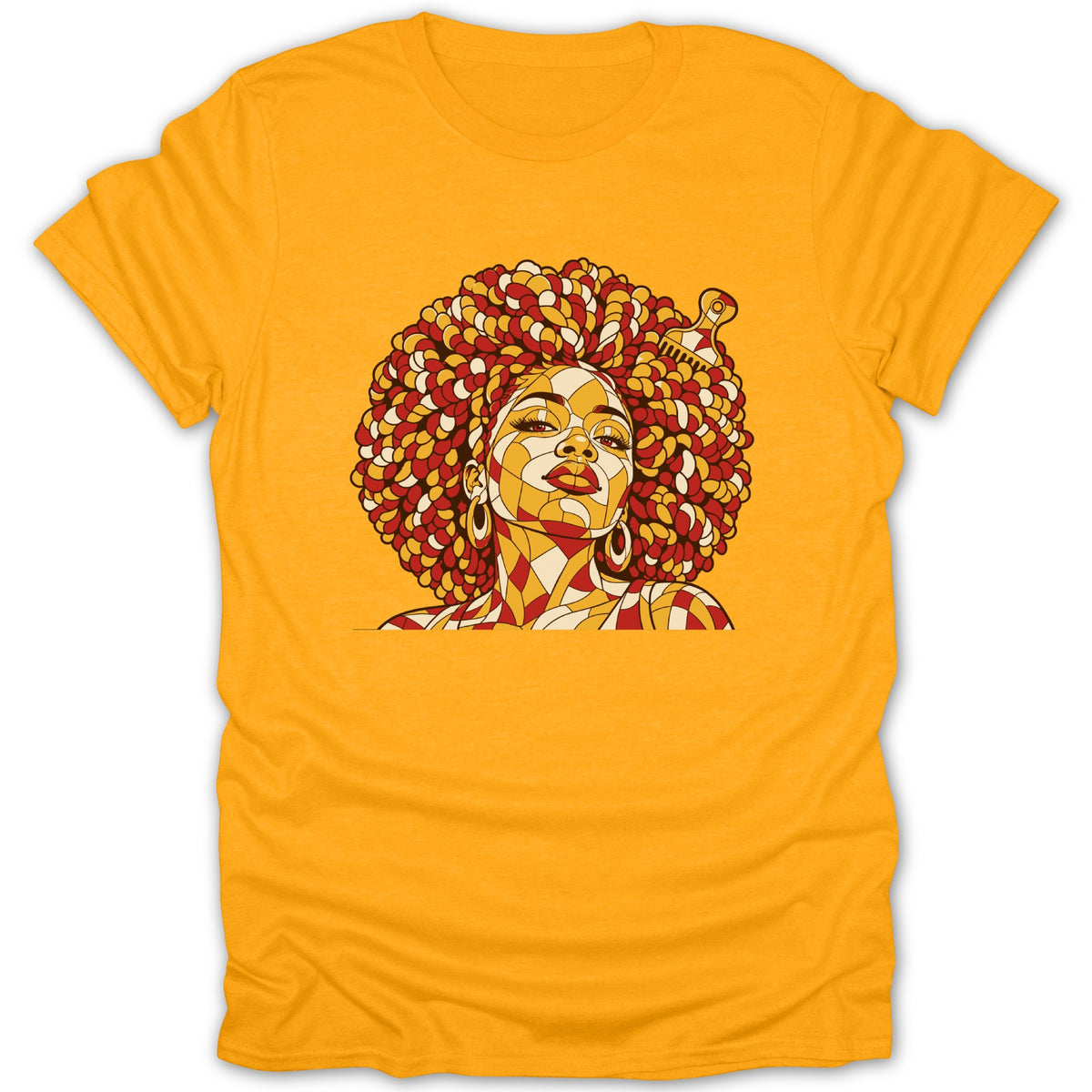 A yellow short-sleeve t-shirt featuring a stylized mosaic illustration of a Black woman with a large afro.