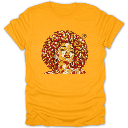 A yellow short-sleeve t-shirt featuring a stylized mosaic illustration of a Black woman with a large afro.