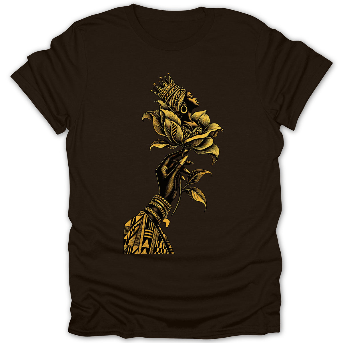 Black t-shirt with gold graphic of a hand holding a flower with a crowned queen's head.