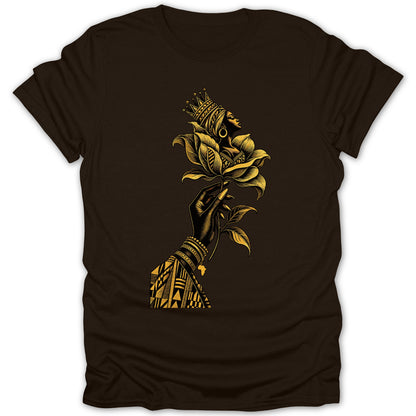 Black t-shirt with gold graphic of a hand holding a flower with a crowned queen's head.