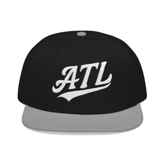 Black snapback hat with white "ATL" logo and gray brim.