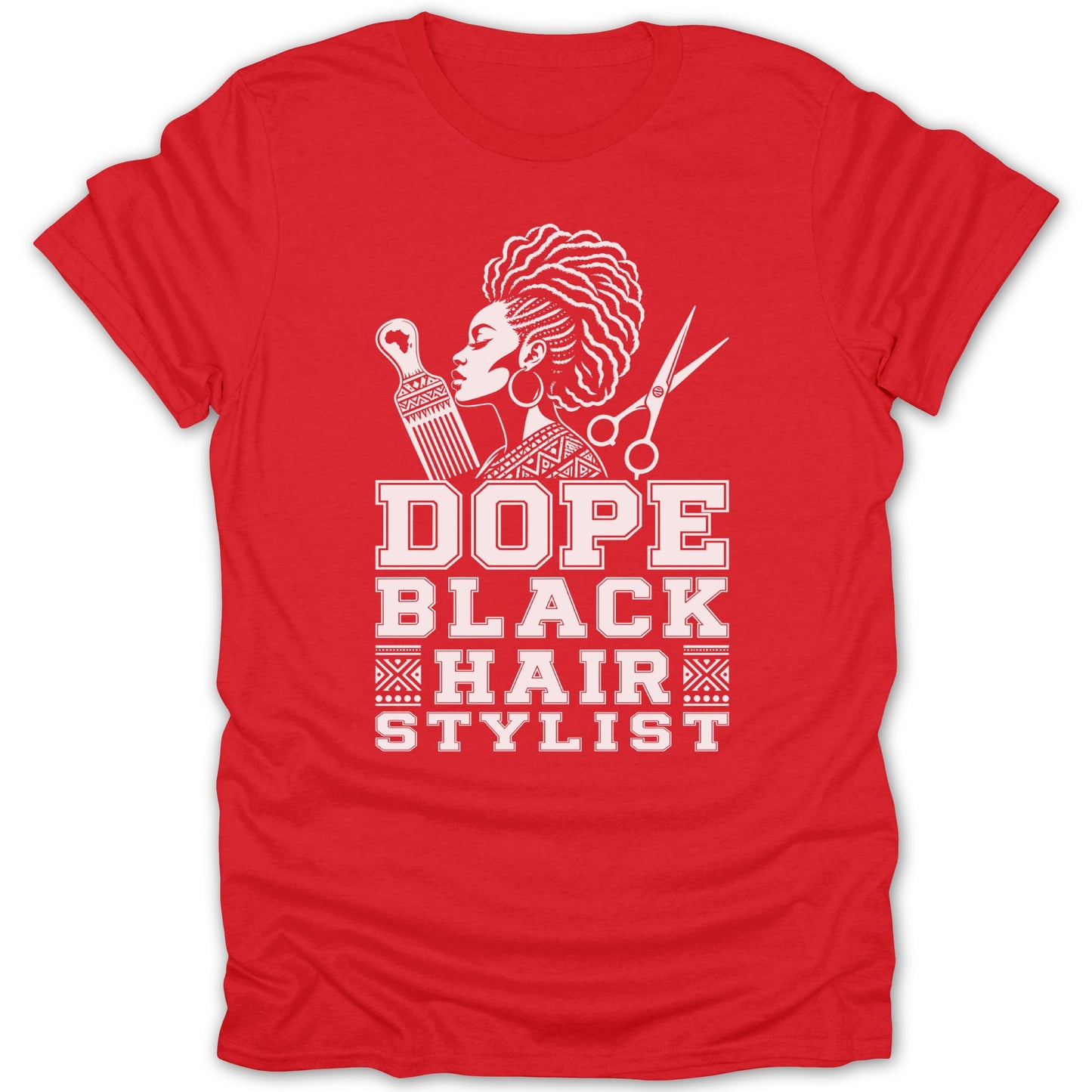 Red t-shirt with "DOPE BLACK HAIR STYLIST" text and graphics.