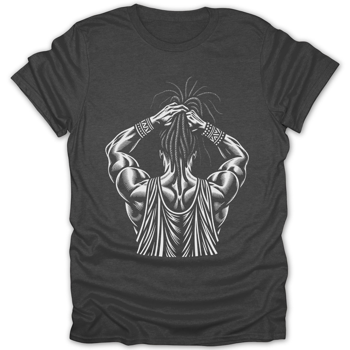 Graphic of muscular person with dreadlocks tying hair, wearing ornate bracelets.
