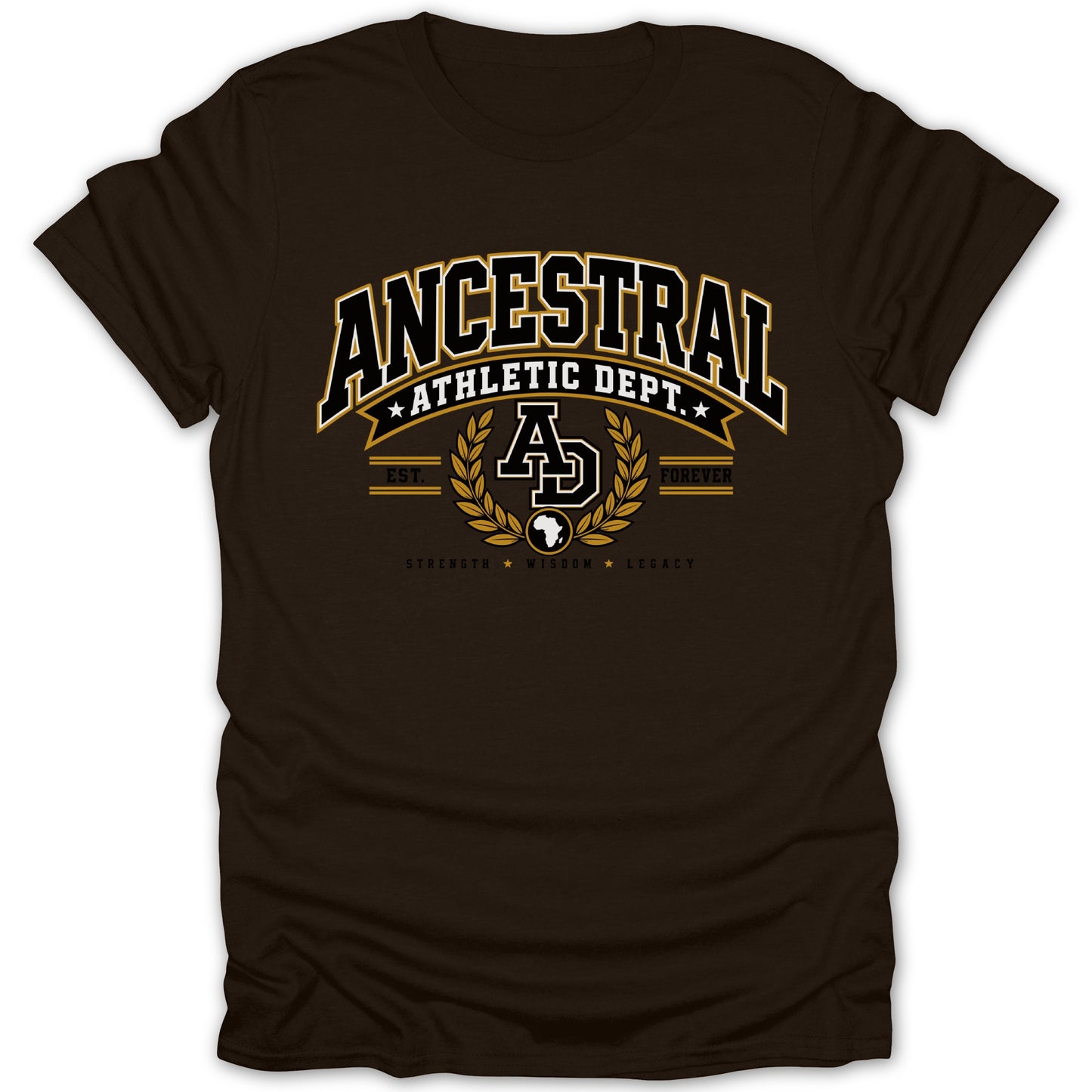 Brown t-shirt with "ANCESTRAL ATHLETIC DEPT." logo and African continent graphic.