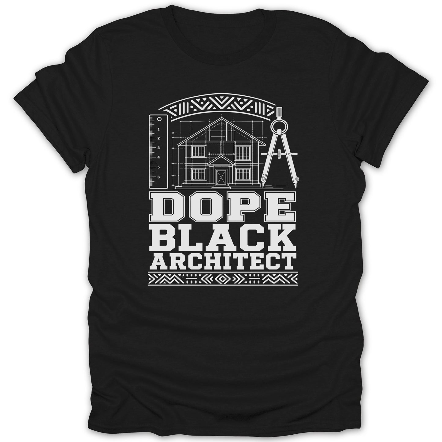 Black t-shirt with architectural drawing of house, ruler, compass, and text DOPE BLACK ARCHITECT.