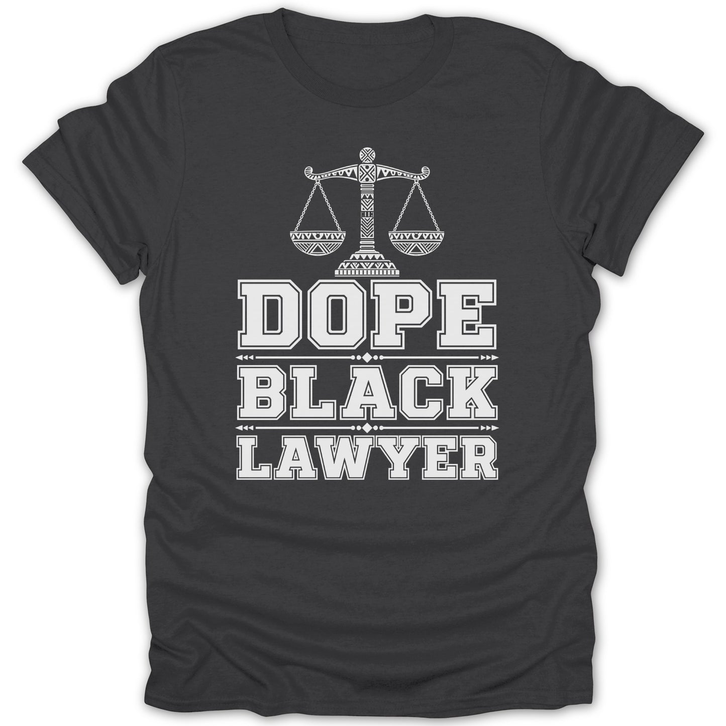 Dark grey t-shirt with white text and scales of justice graphic.