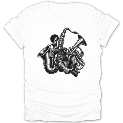 Black and white illustration of a woman and man with a saxophone and trumpet.