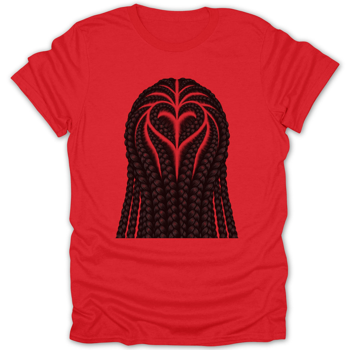 Red t-shirt with black braided hair styled into a heart shape.