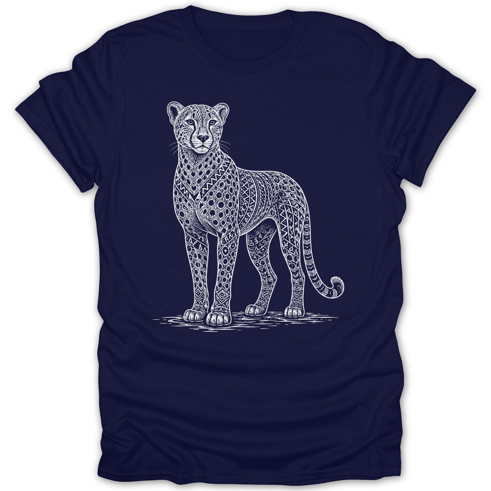 White line art cheetah with intricate patterns on navy blue t-shirt.