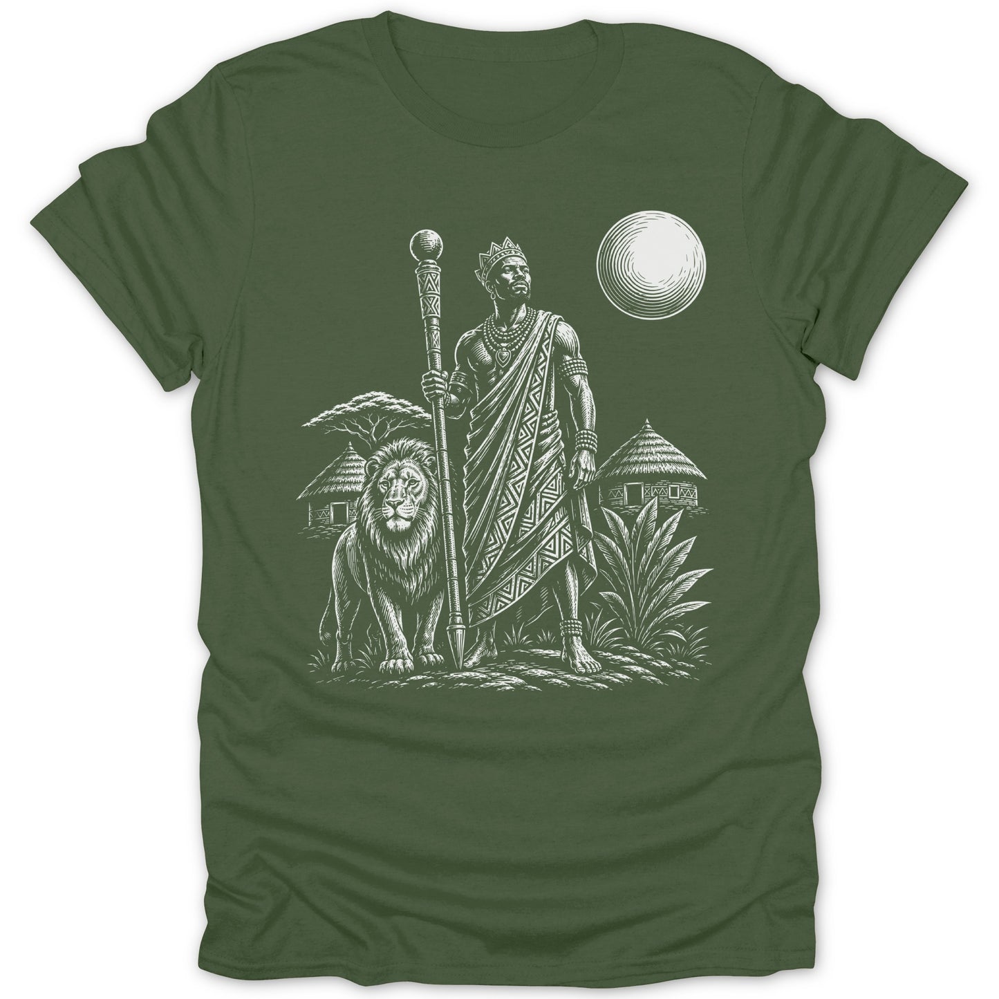 King with staff and lion stand before village huts under a striped moon.