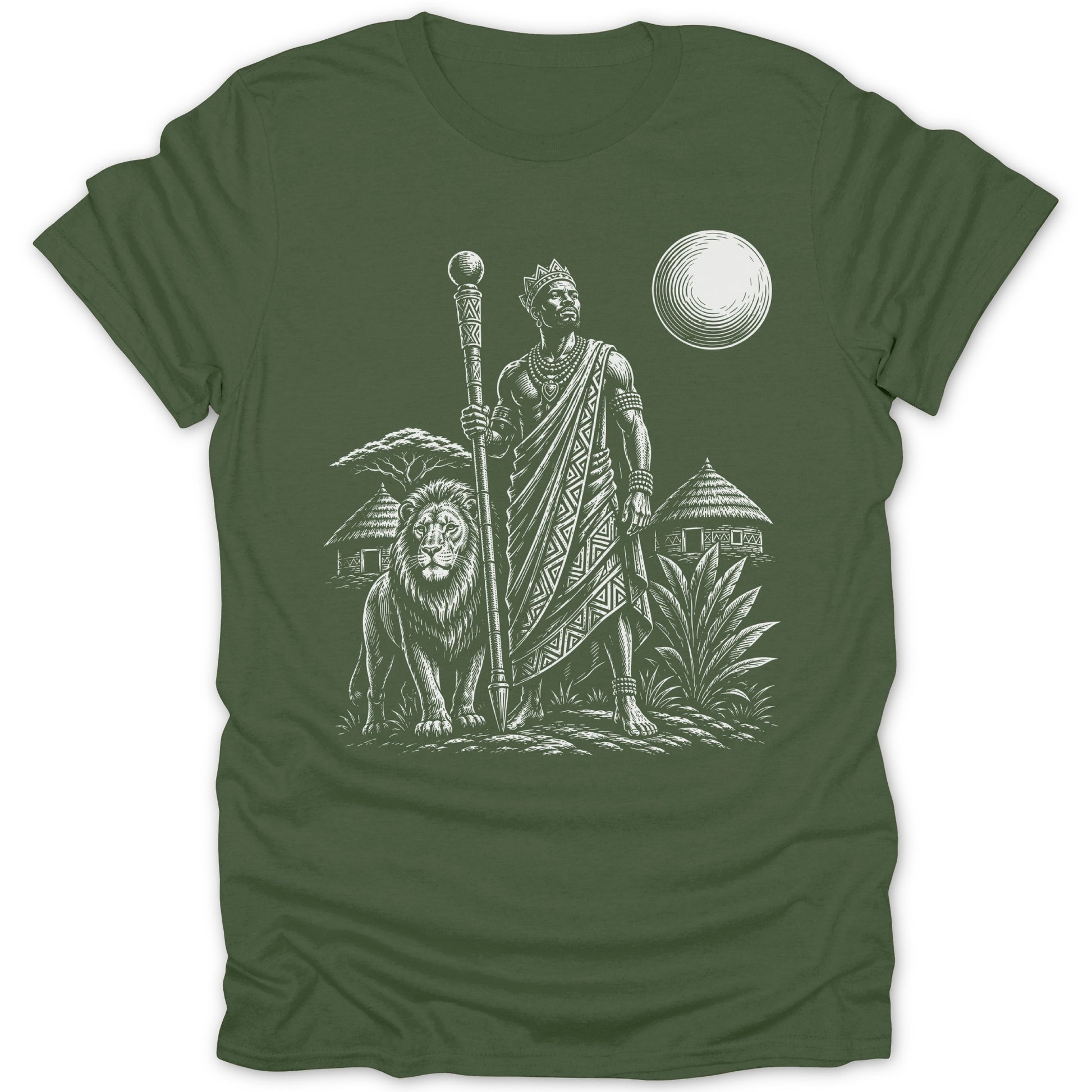 King with staff and lion stand before village huts under a striped moon.