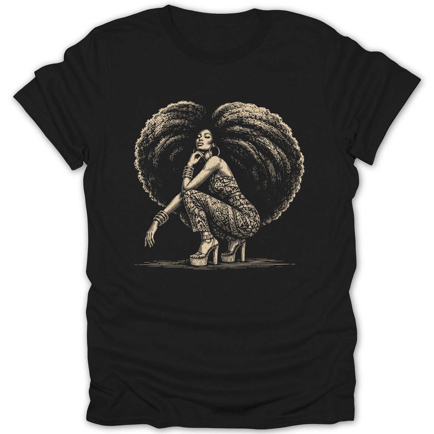 Black t-shirt with a vintage illustration of a woman with large afro hair crouching.