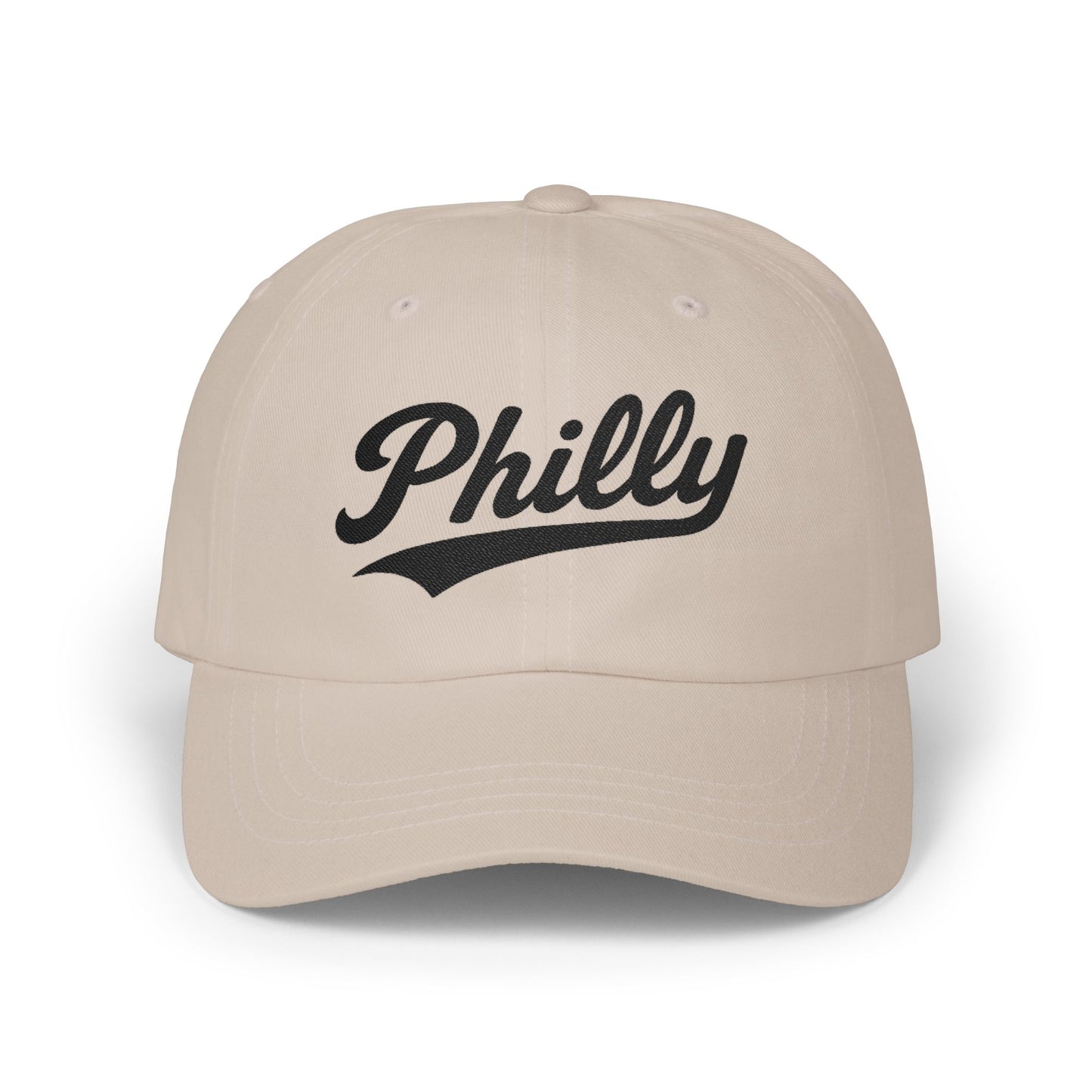 Light tan baseball cap with "Philly" in black cursive lettering.