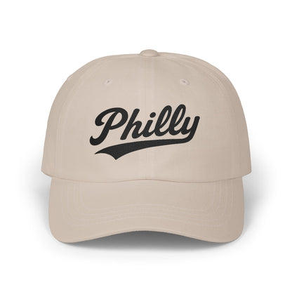 Light tan baseball cap with "Philly" in black cursive lettering.