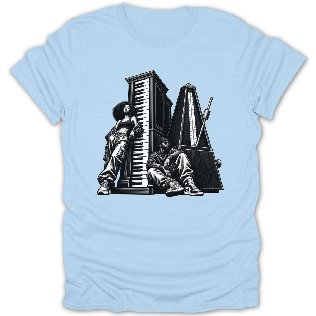 Black and white illustration of a woman and man with piano keys and metronome.