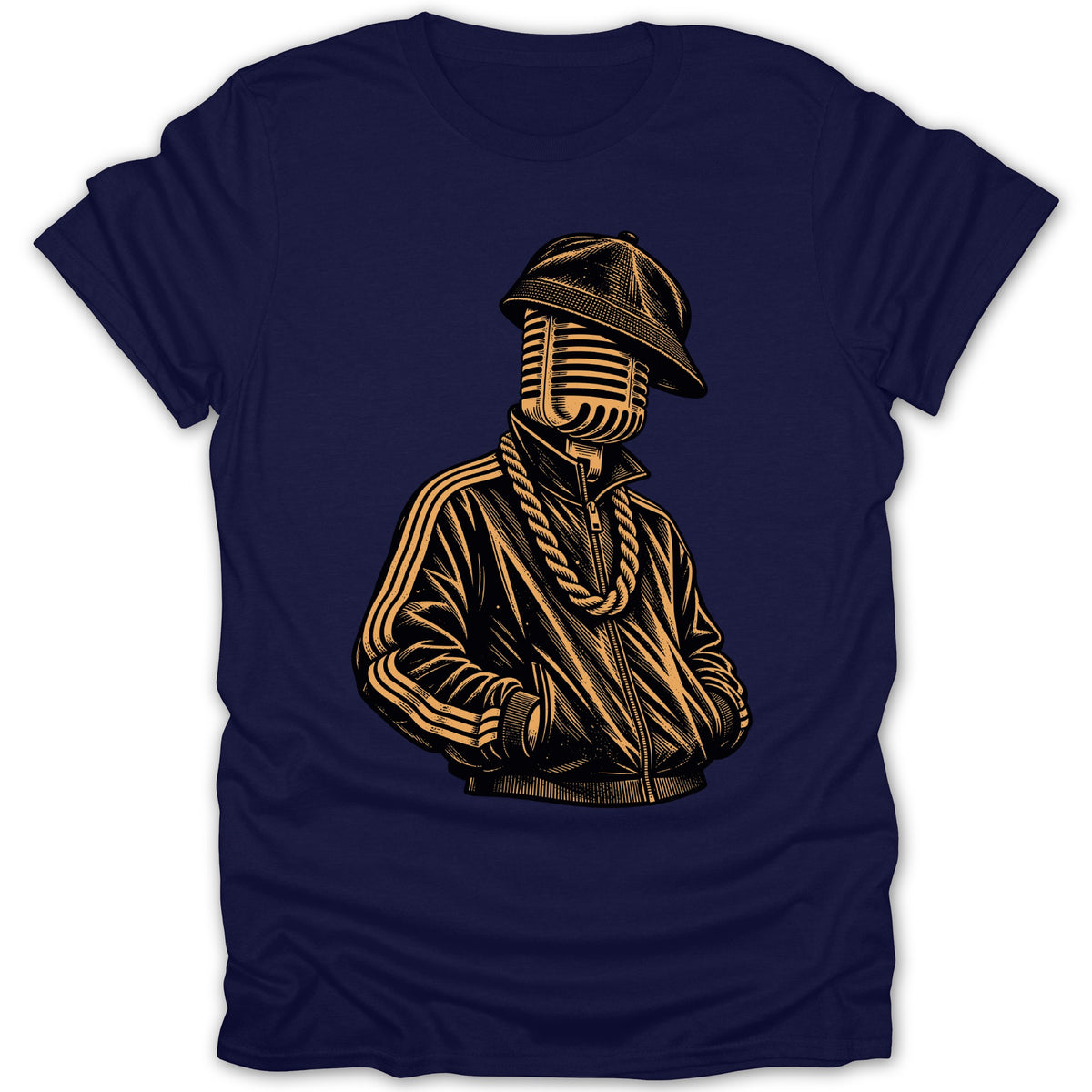 Microphone head wearing baseball cap and chain on a navy t-shirt.