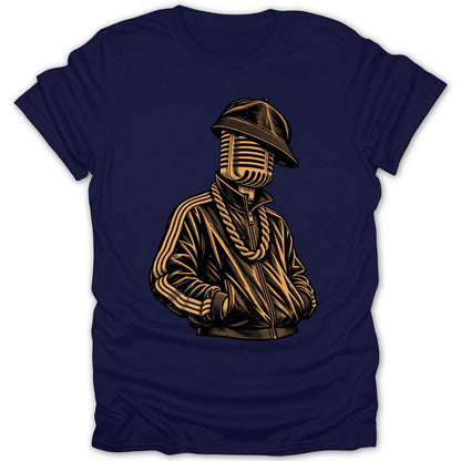 Microphone head wearing baseball cap and chain on a navy t-shirt.