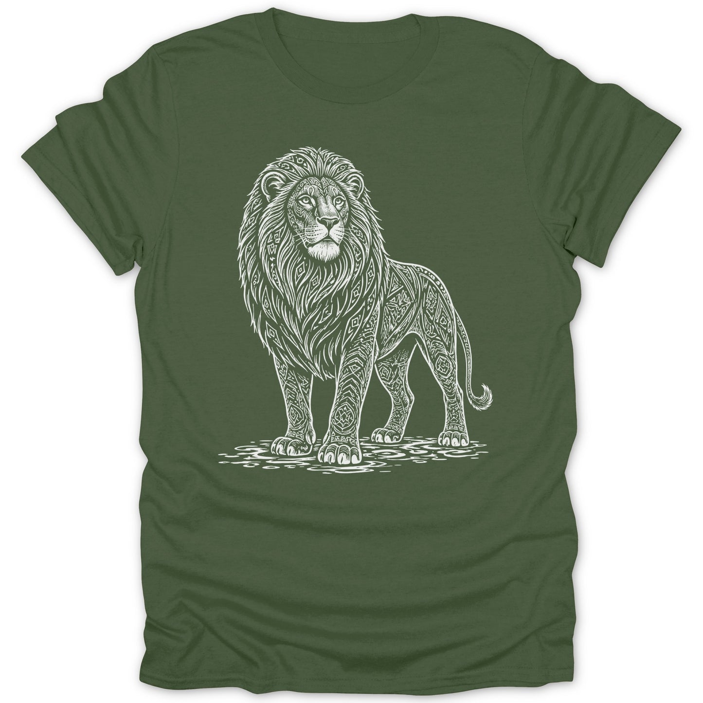 Green t-shirt with white ornate lion print standing on rippling water.
