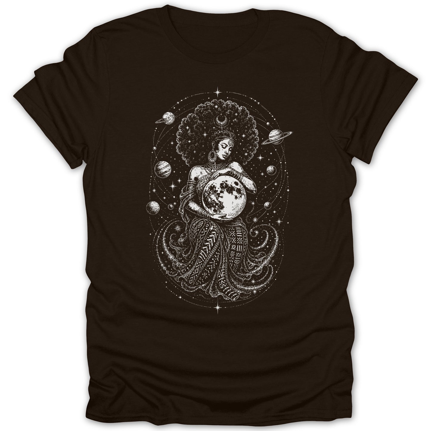 Woman with afro holding moon among planets and stars in black and white graphic print.