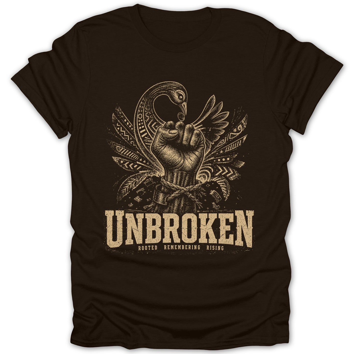 Brown t-shirt with UNBROKEN text and a fist with bird and tribal feather design.