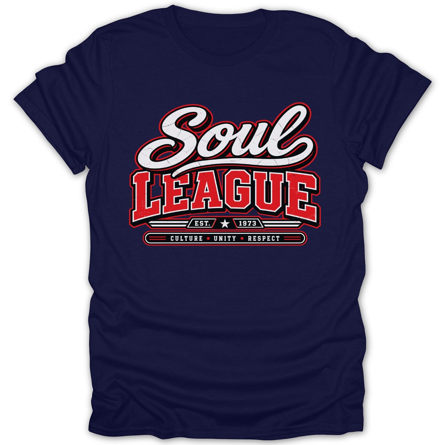 Navy t-shirt with "Soul League" and "Est. 1973 Culture Unity Respect" text.