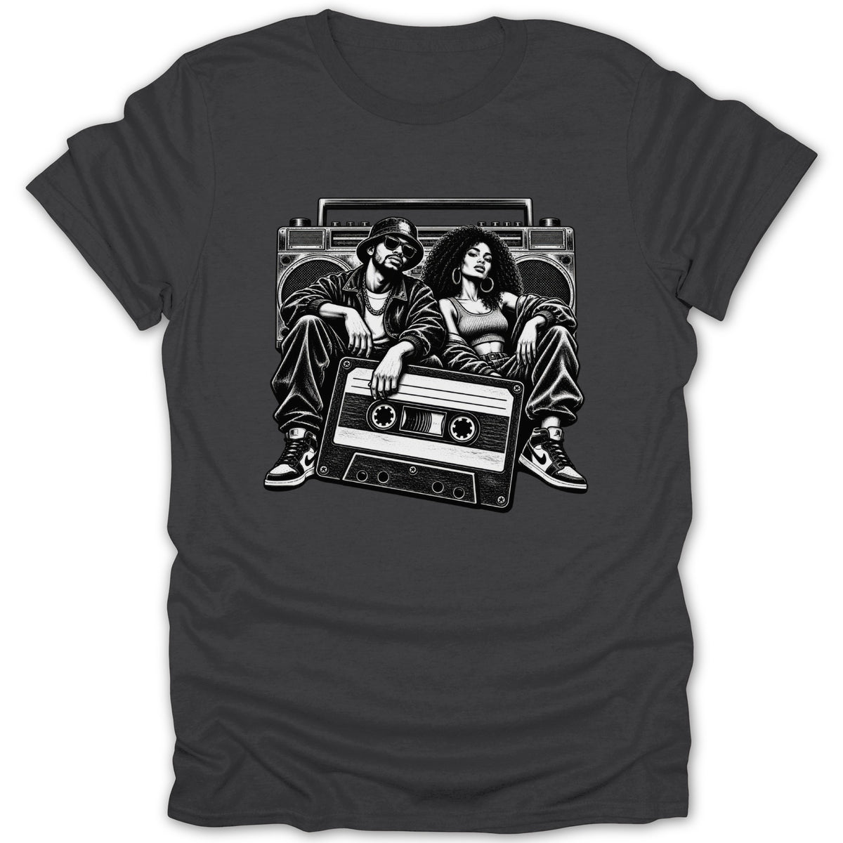 Retro boombox and cassette tape with a man and woman in 90s hip-hop attire.