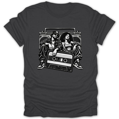 Retro boombox and cassette tape with a man and woman in 90s hip-hop attire.