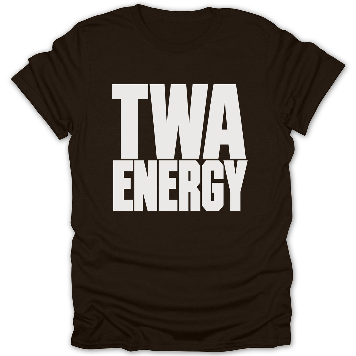 Brown t-shirt with white text reading "TWA ENERGY".