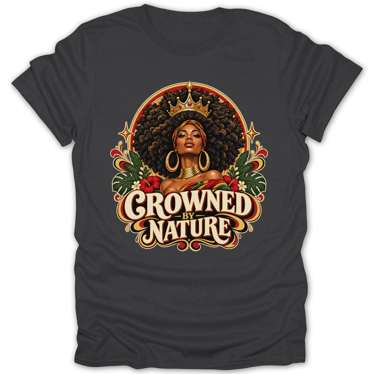 Graphic with text "Crowned by Nature" and a regal Black woman wearing a crown.
