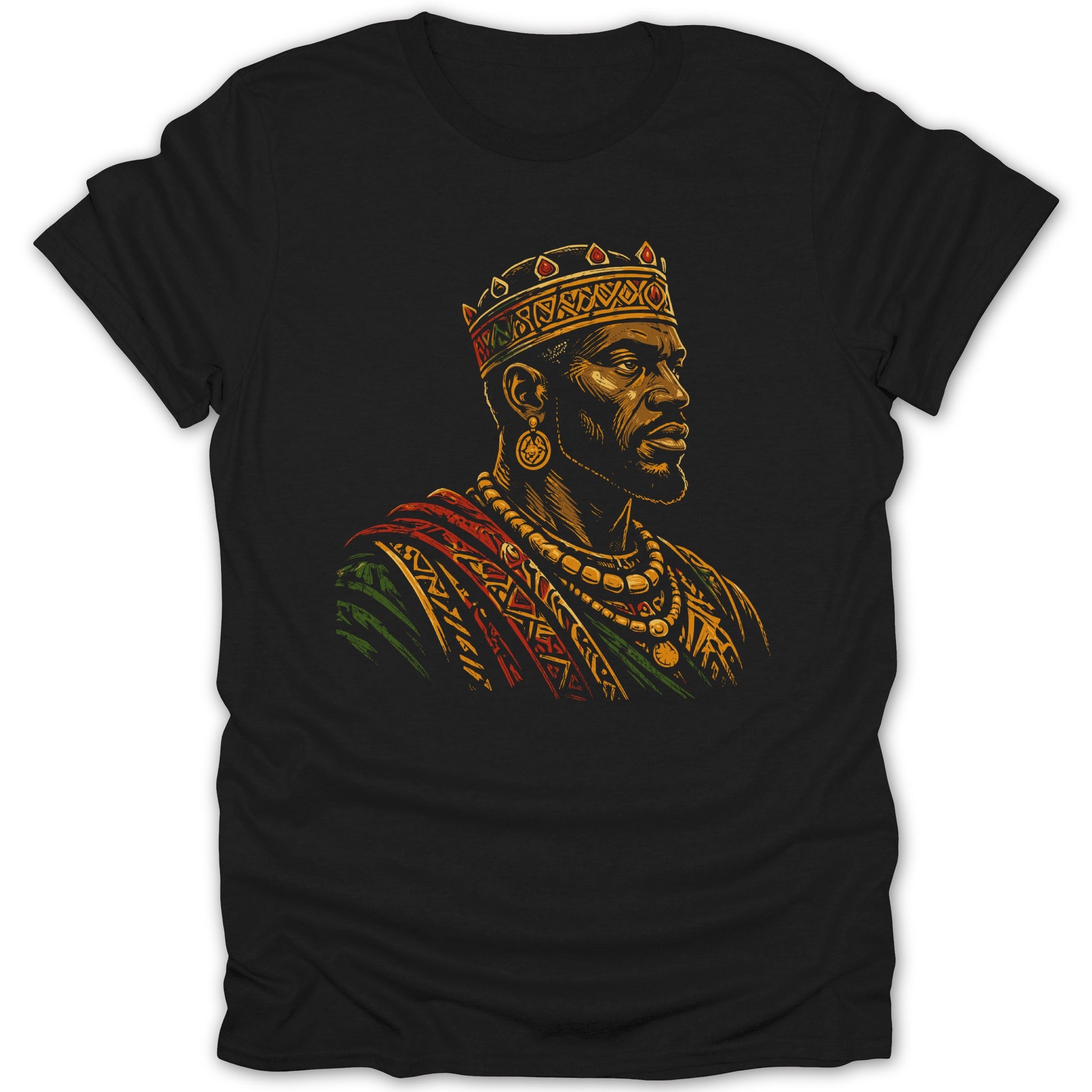 Black t-shirt with illustration of king wearing crown and jewelry, facing right.