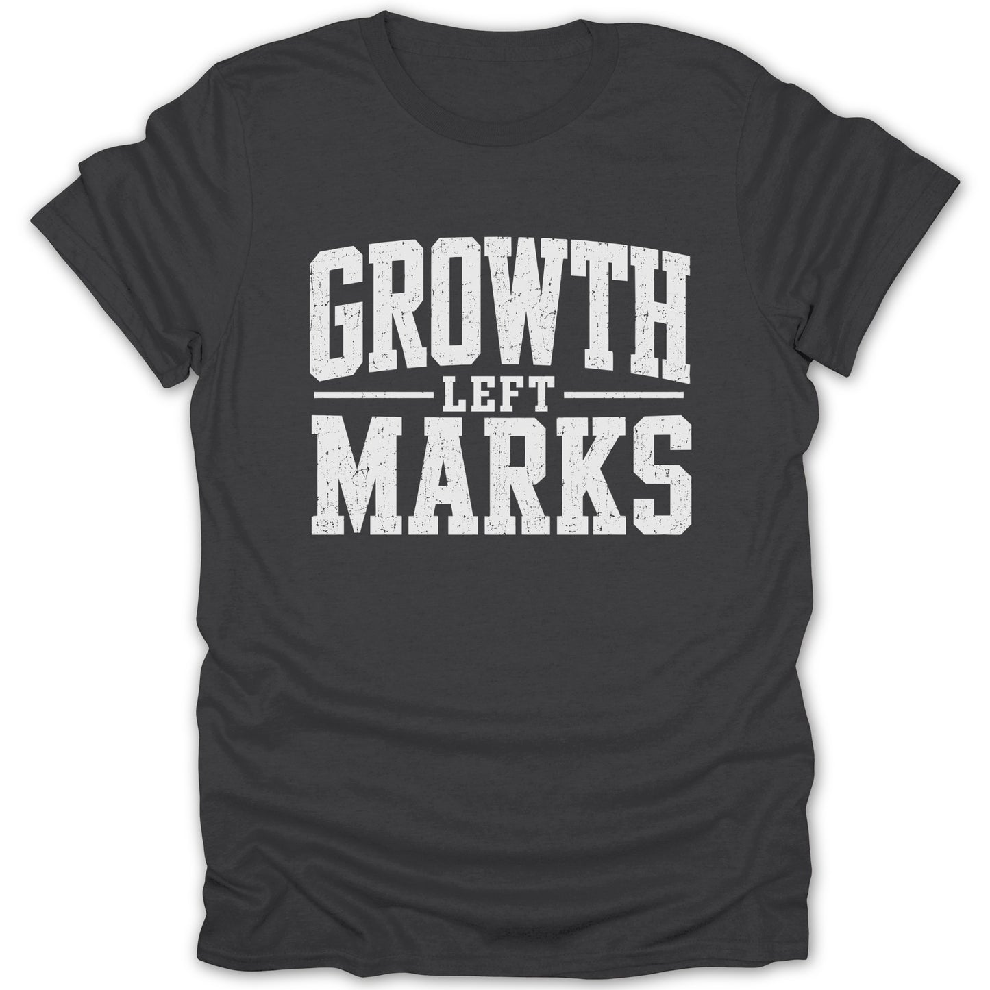 Dark grey t-shirt with white distressed text reading "GROWTH LEFT MARKS".