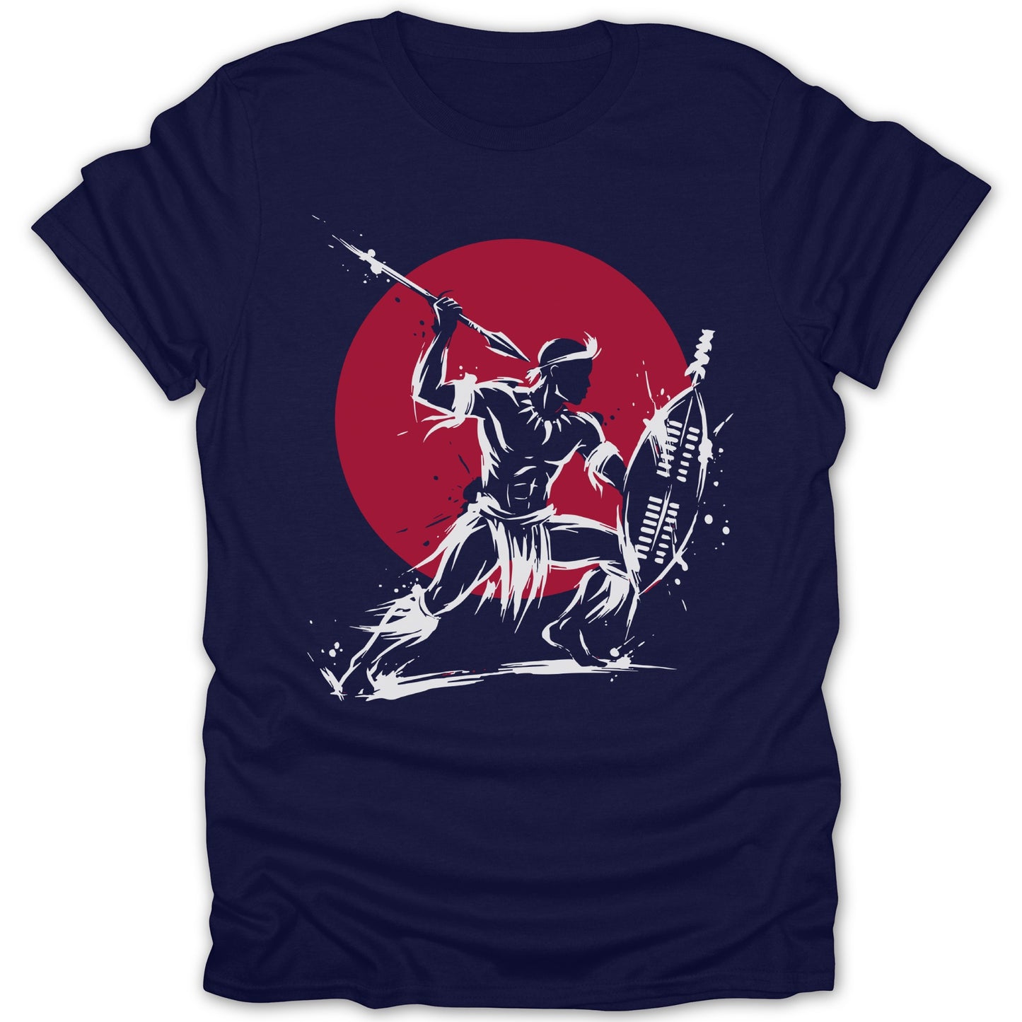 Stylized warrior with spear and shield, front view, against a red circle.