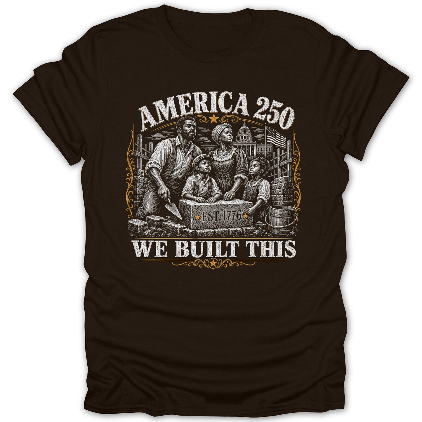 America 250: We Built This. Family building stone wall with the Capitol building.