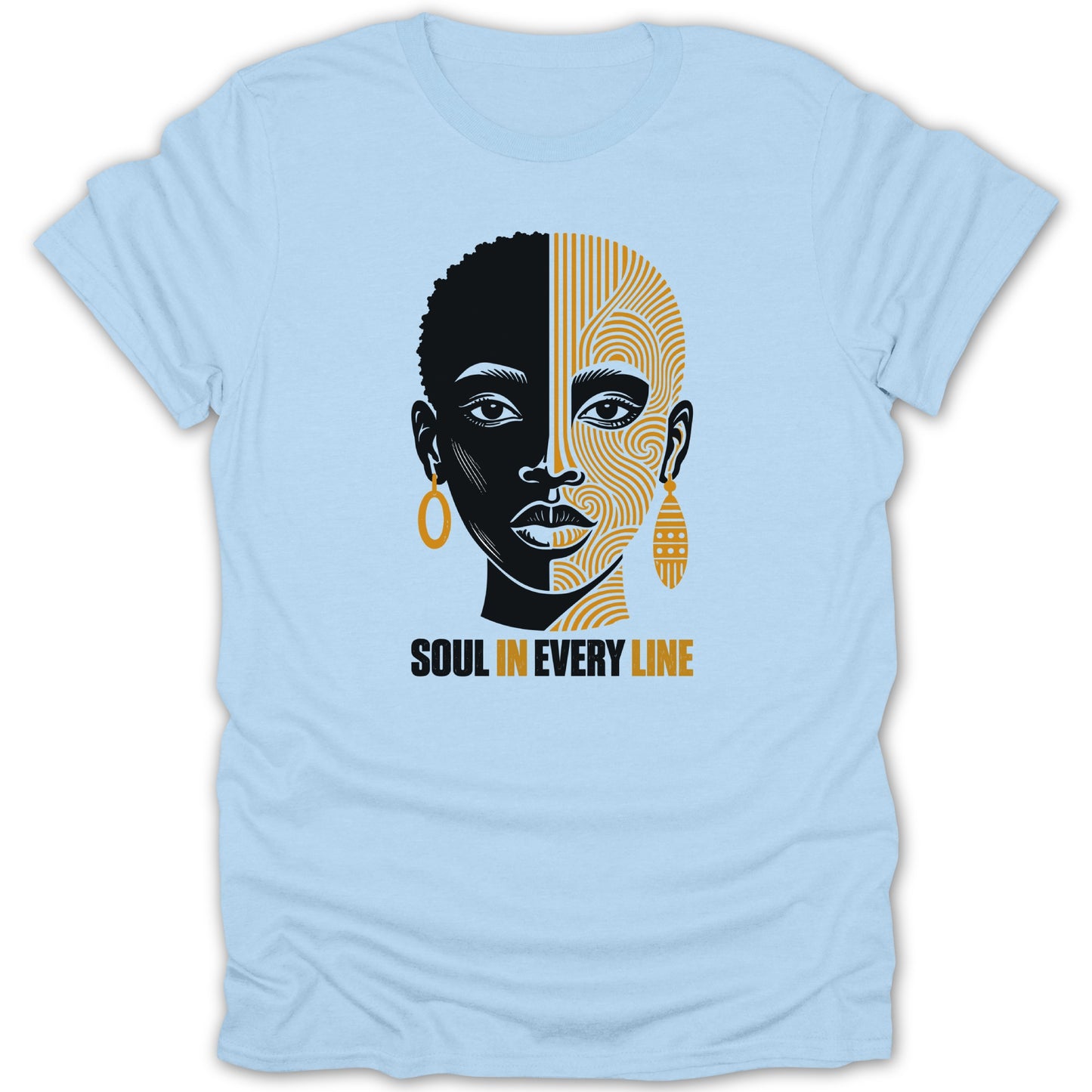 Light blue t-shirt with a graphic of a face split in black and orange lines with text.