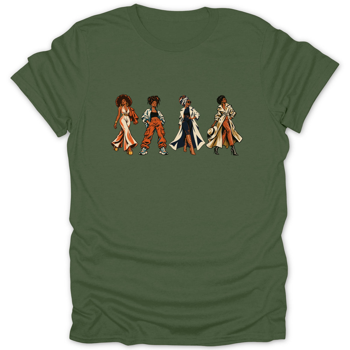 Four stylish Black women standing in fashionable outfits on a green t-shirt.