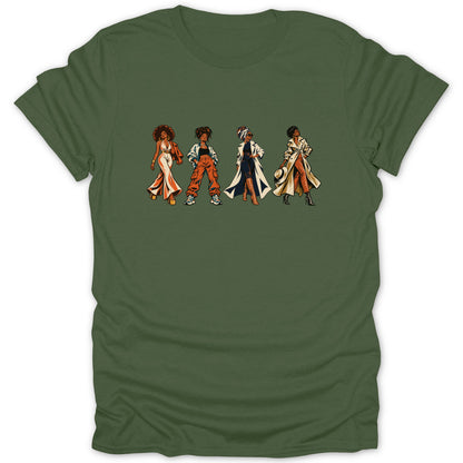 Four stylish Black women standing in fashionable outfits on a green t-shirt.
