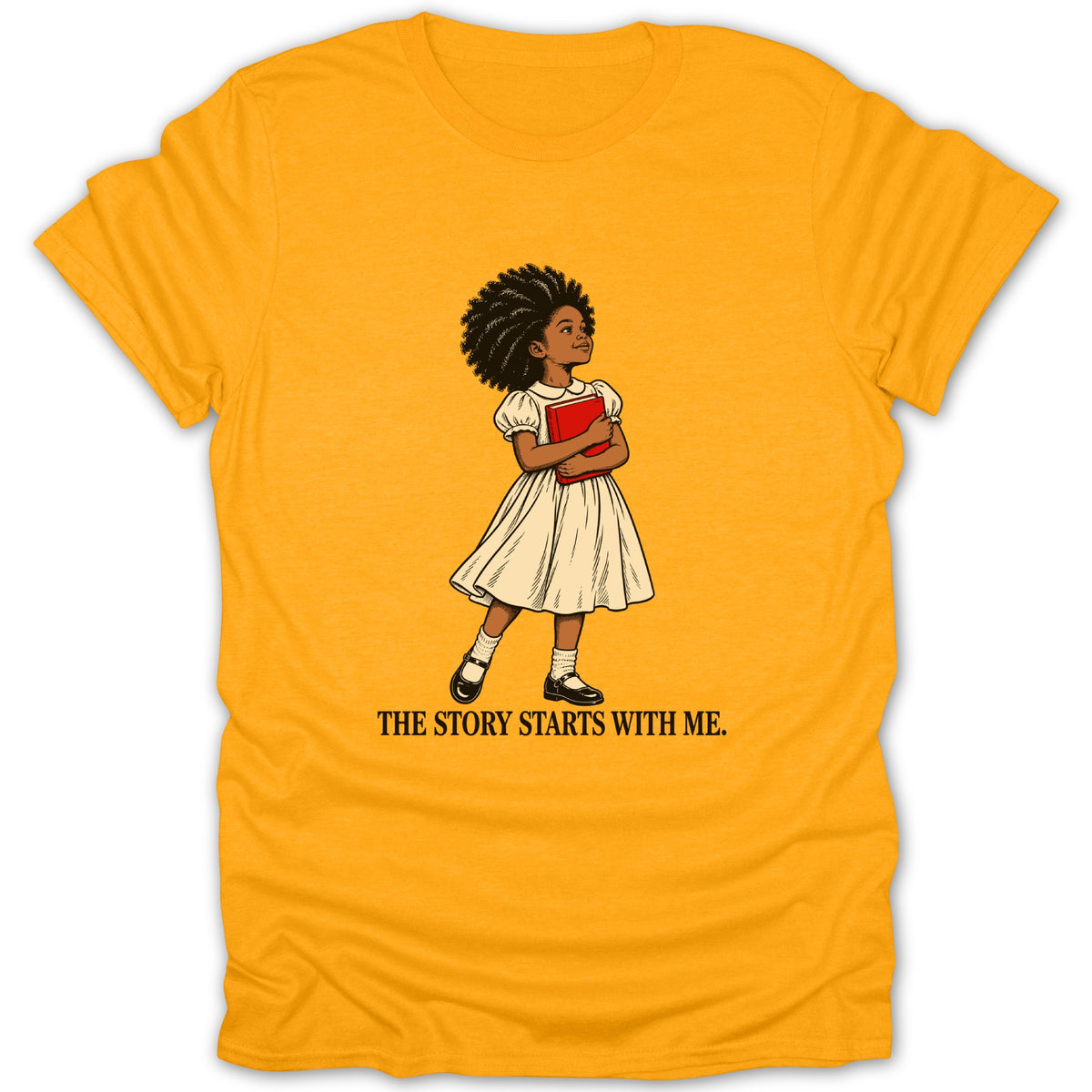 Illustration of a girl holding a book with text "THE STORY STARTS WITH ME."