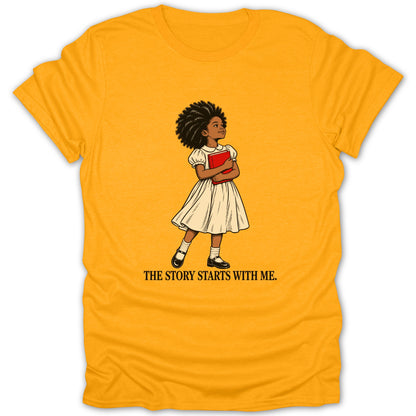 Illustration of a girl holding a book with text "THE STORY STARTS WITH ME."