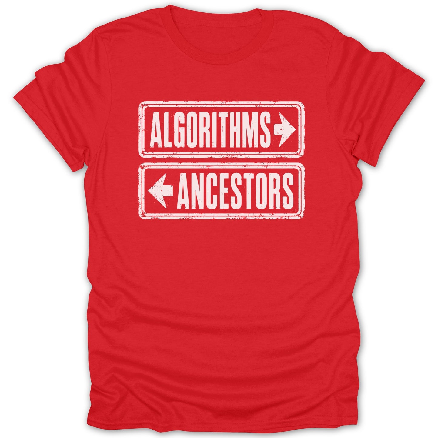 Red t-shirt with "ALGORITHMS" and "ANCESTORS" in white boxes with arrows.