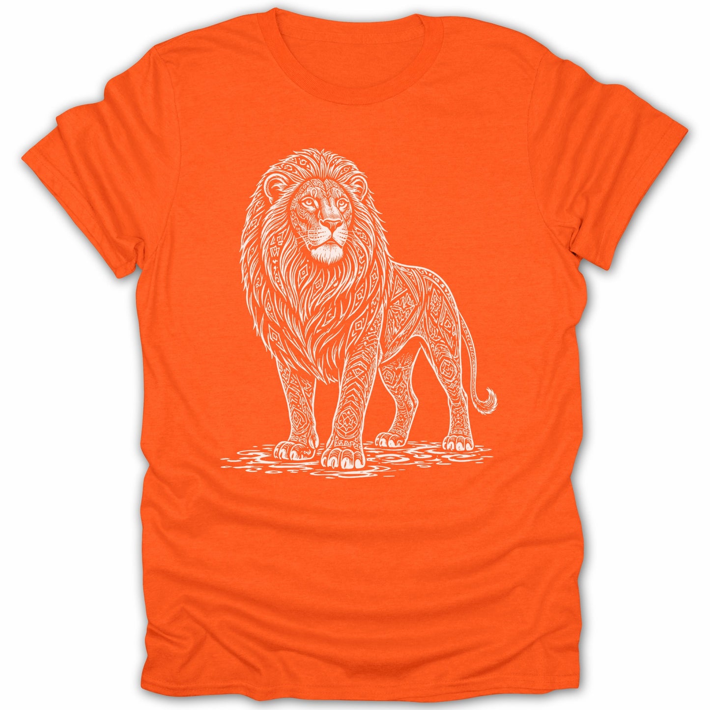 Orange t-shirt with a white line art drawing of a lion with ornate patterns.
